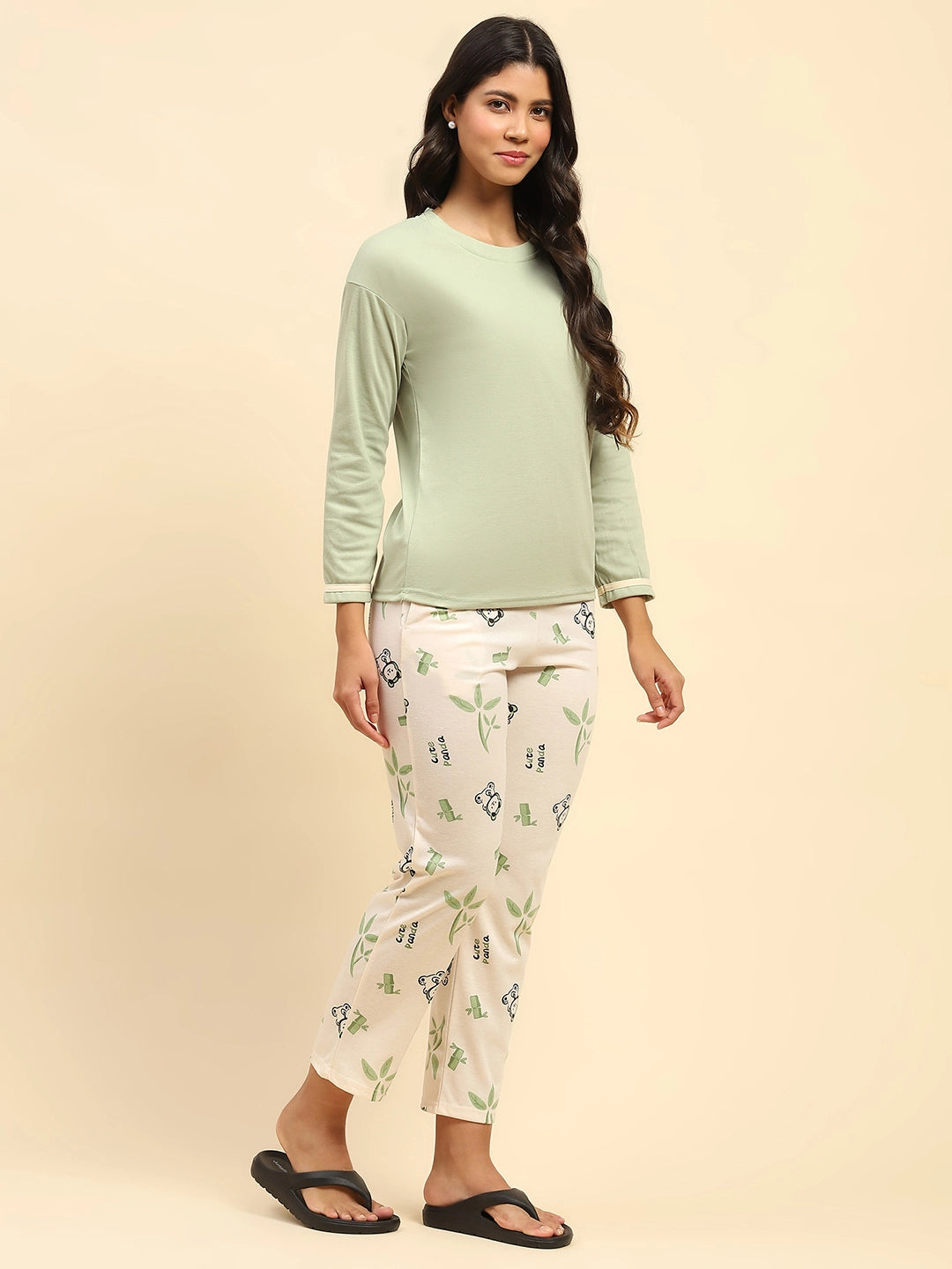 Green Teddy Print Cotton Relaxed Fit Night Suit