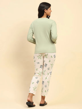 Green Teddy Print Cotton Relaxed Fit Night Suit