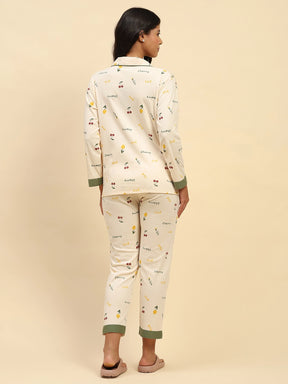 Cream Letter Print Cotton Blend Relaxed Fit Night Suit