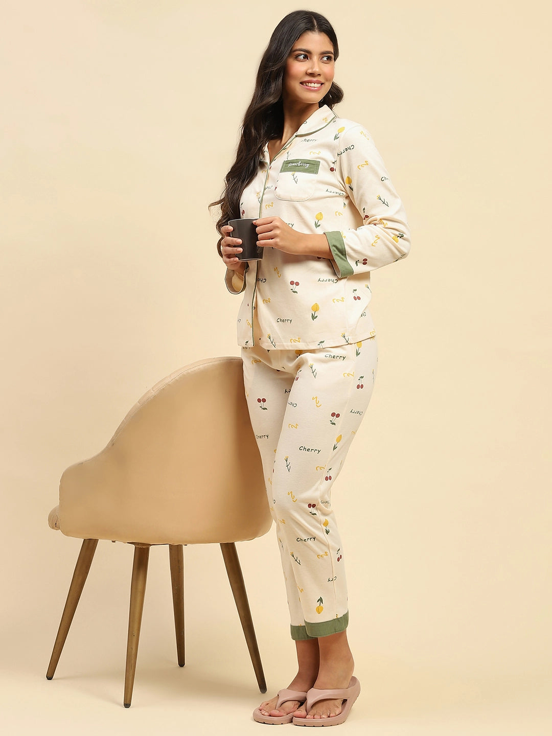 Cream Letter Print Cotton Blend Relaxed Fit Night Suit