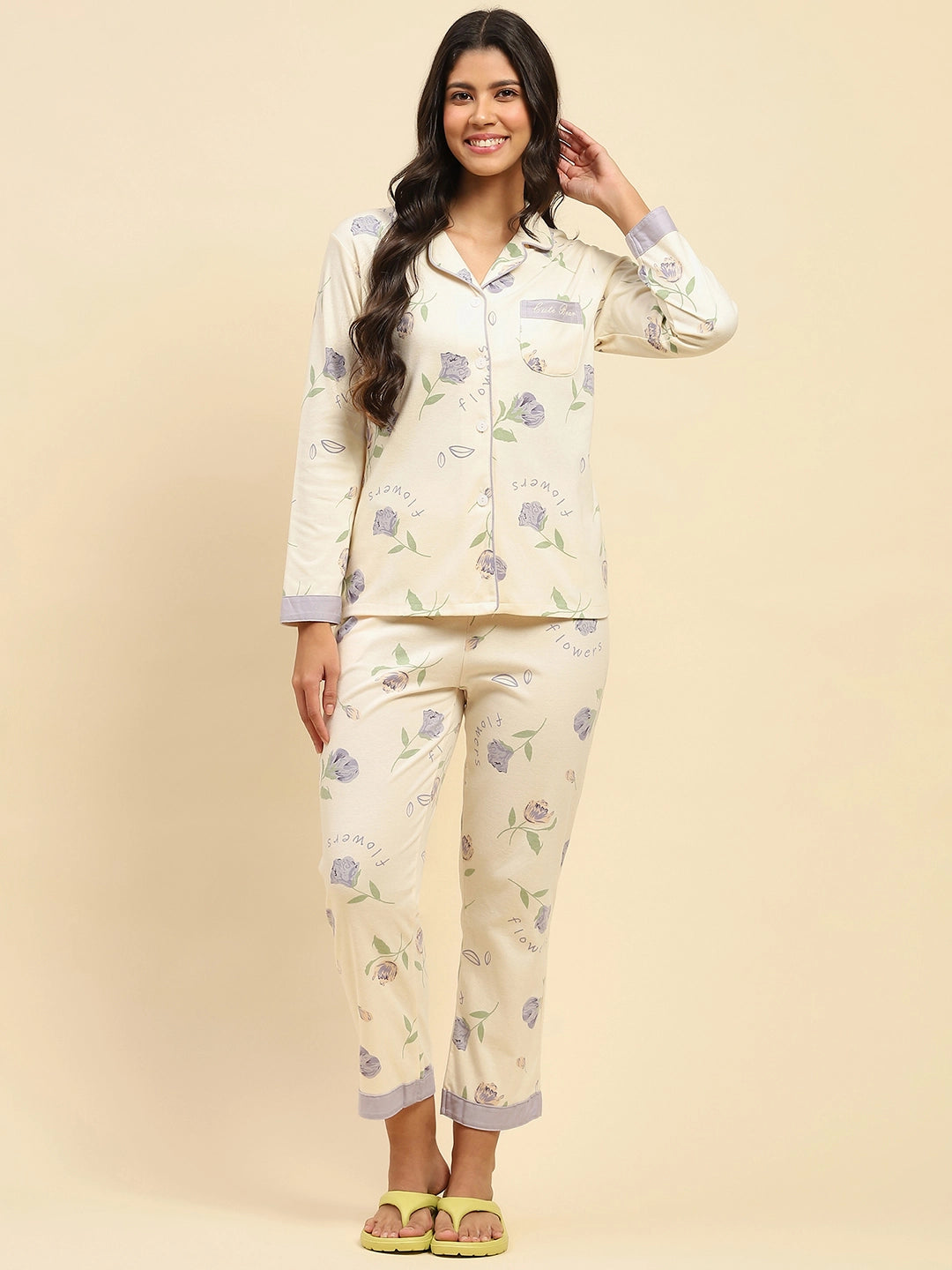 Cream Floral Cotton Blend Relaxed Fit Night Suit