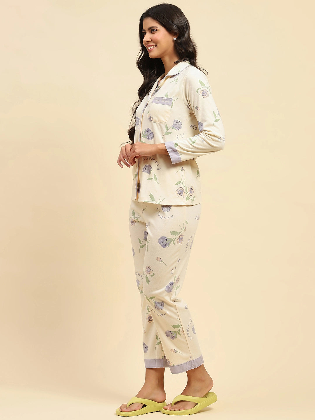 Cream Floral Cotton Blend Relaxed Fit Night Suit