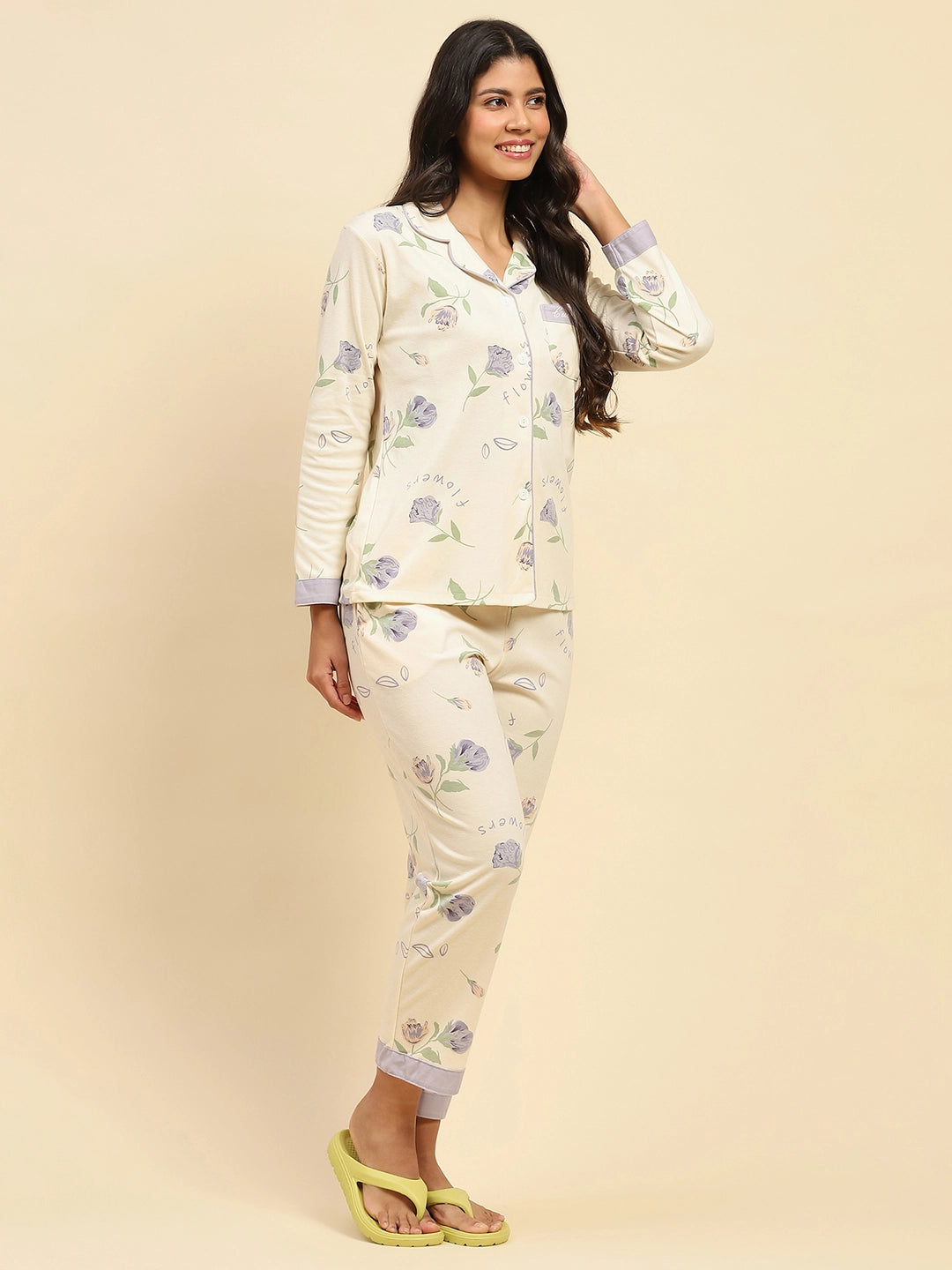 Cream Floral Cotton Blend Relaxed Fit Night Suit