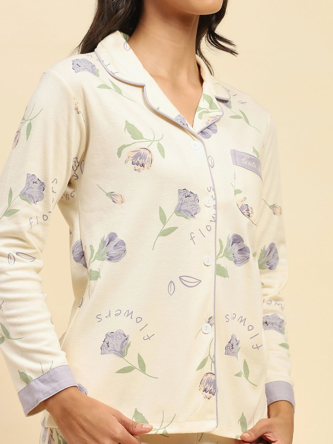 Cream Floral Cotton Blend Relaxed Fit Night Suit