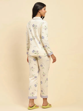 Cream Floral Cotton Blend Relaxed Fit Night Suit