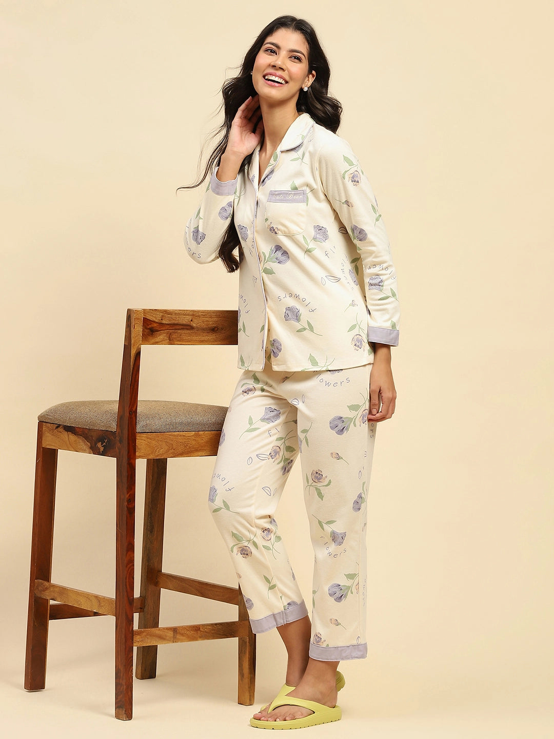 Cream Floral Cotton Blend Relaxed Fit Night Suit