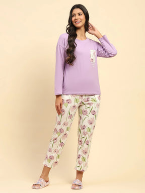 Lavender Floral Cotton Relaxed Fit Night Suit