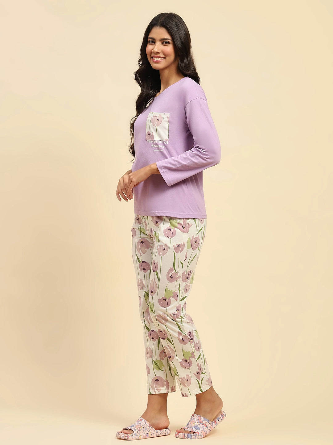 Lavender Floral Cotton Relaxed Fit Night Suit