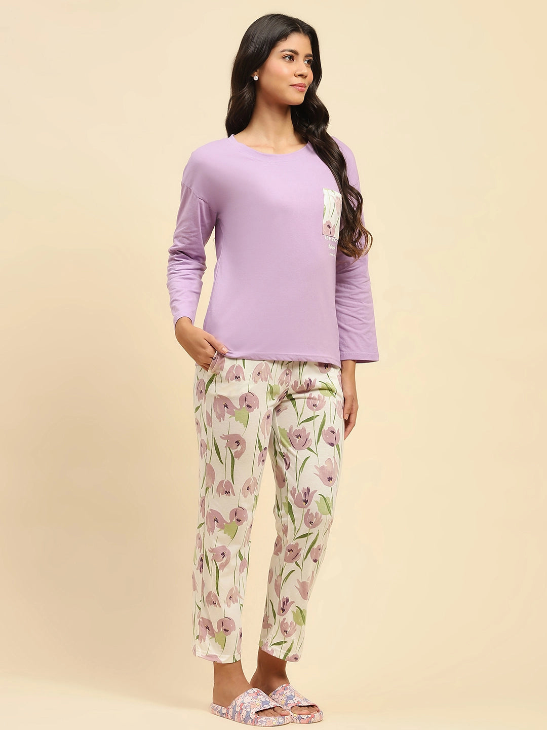 Lavender Floral Cotton Relaxed Fit Night Suit