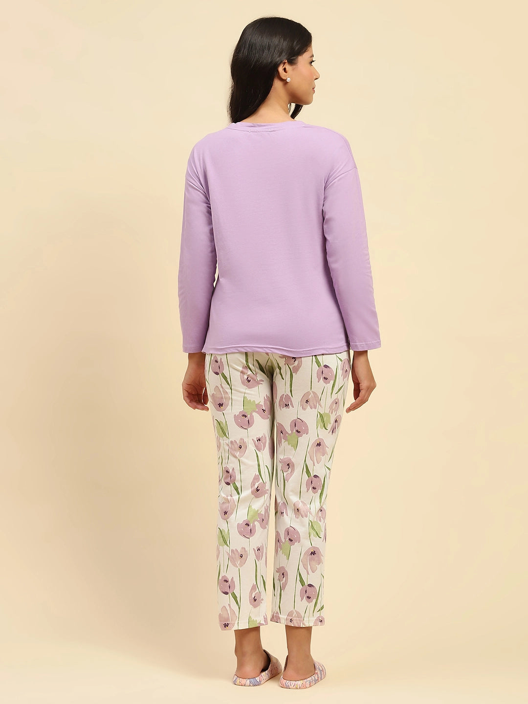 Lavender Floral Cotton Relaxed Fit Night Suit