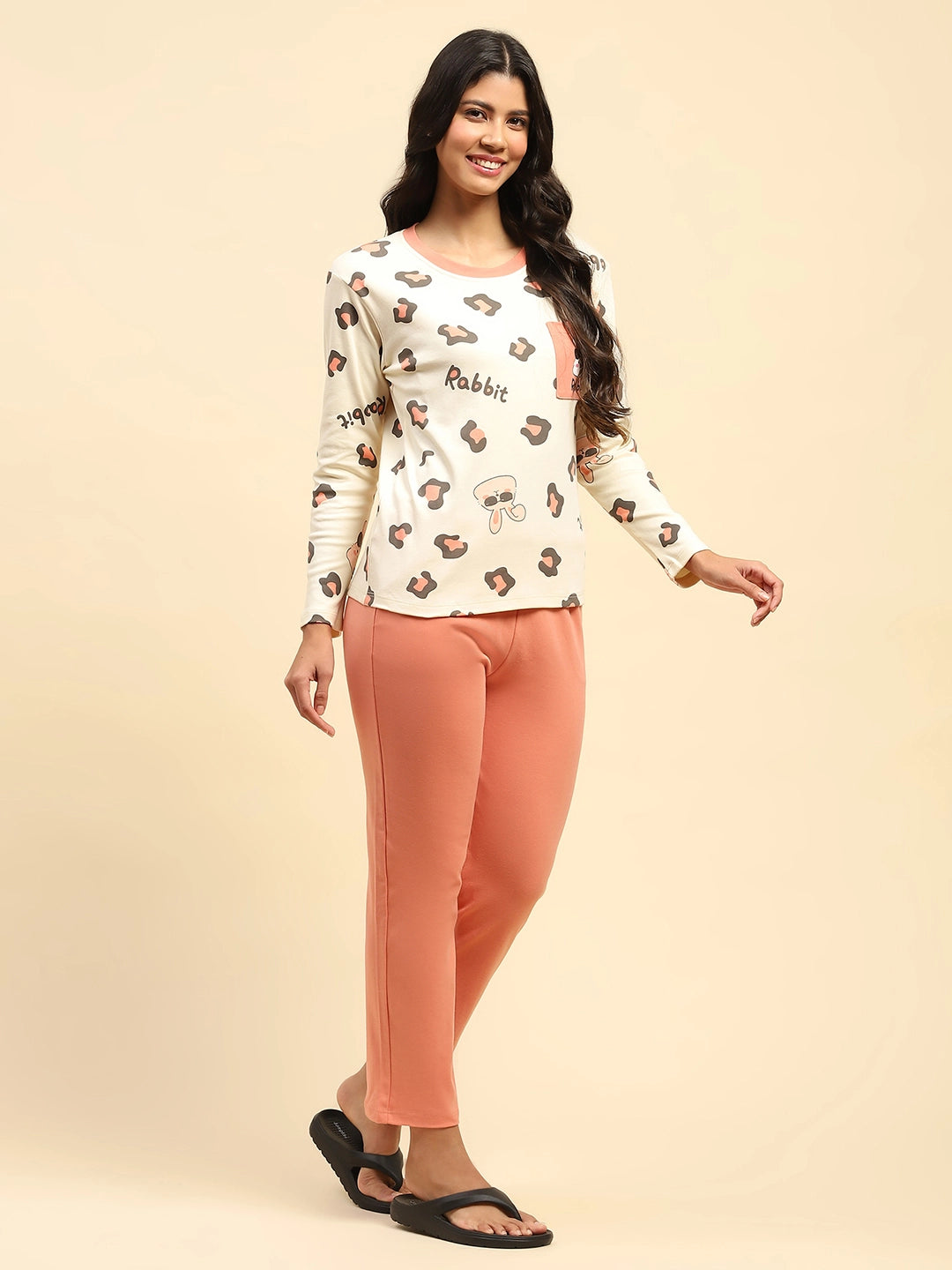 Peach Printed Cotton Relaxed Fit Night Suit