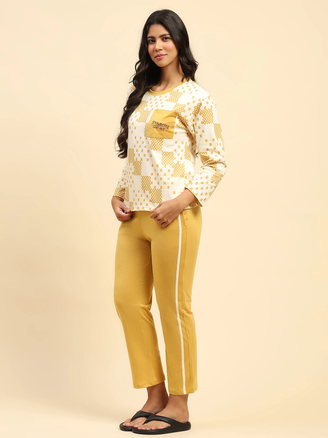 Mustard Abstract Print Cotton Relaxed Fit Night Suit