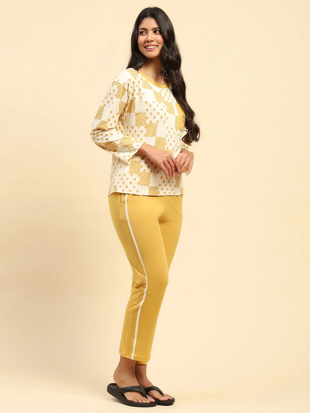 Mustard Abstract Print Cotton Relaxed Fit Night Suit