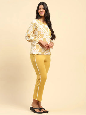 Mustard Abstract Print Cotton Relaxed Fit Night Suit