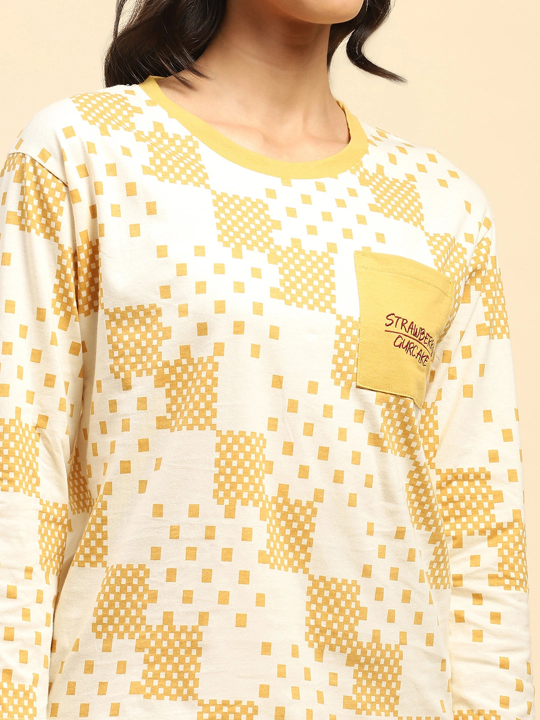 Mustard Abstract Print Cotton Relaxed Fit Night Suit