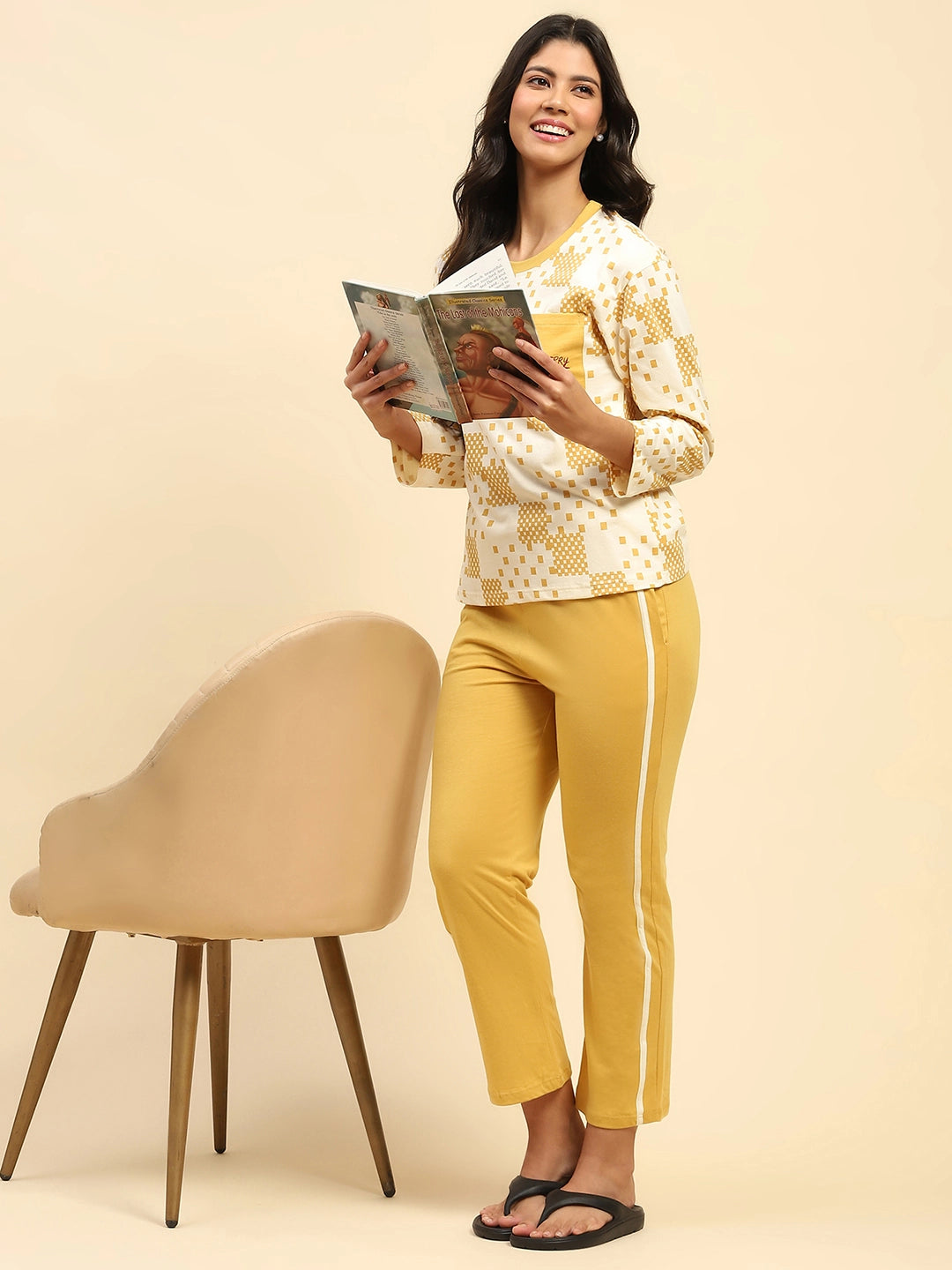 Mustard Abstract Print Cotton Relaxed Fit Night Suit