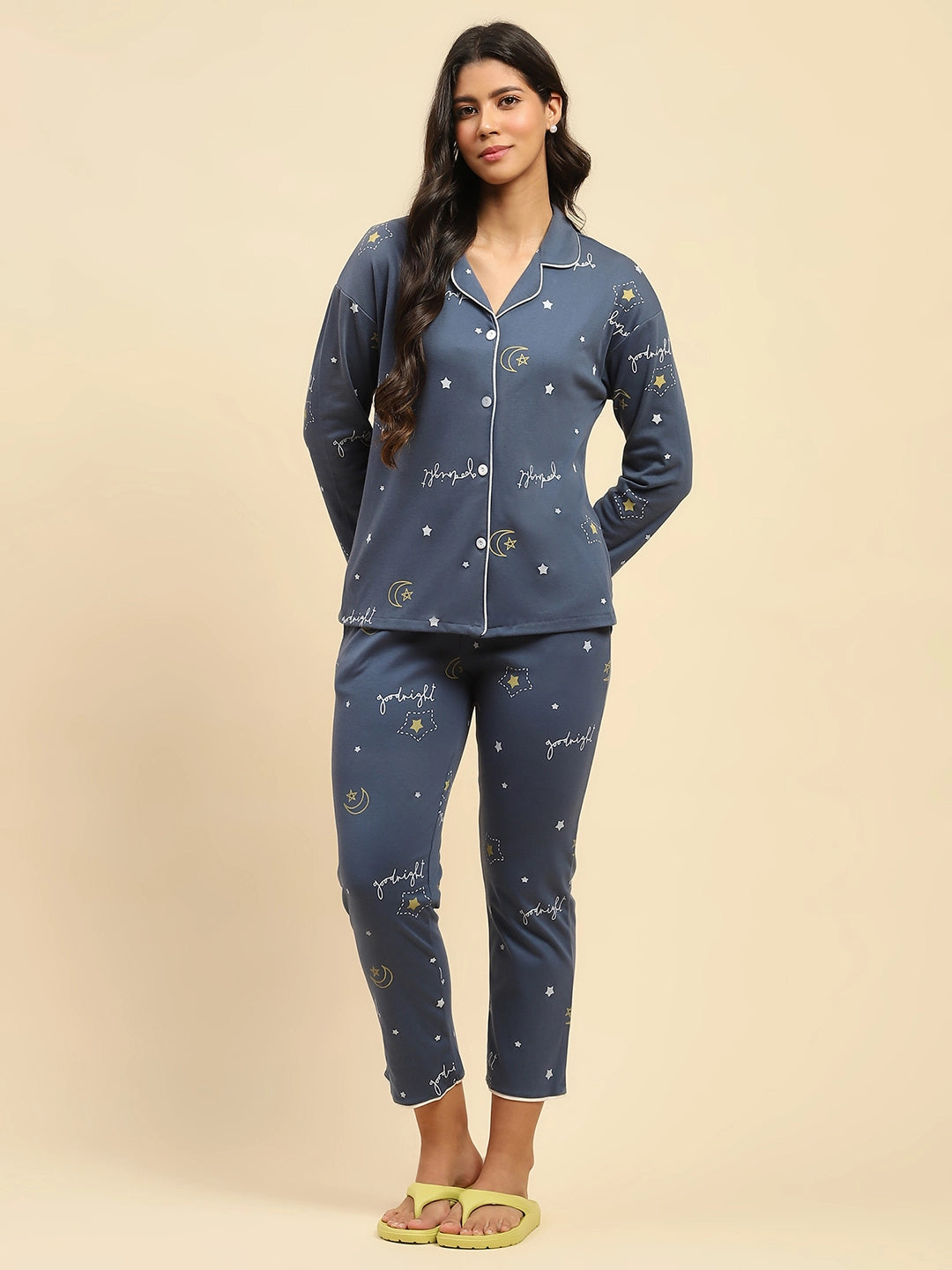 Dark Blue Star Print Cotton Blend Relaxed Fit Night Suit