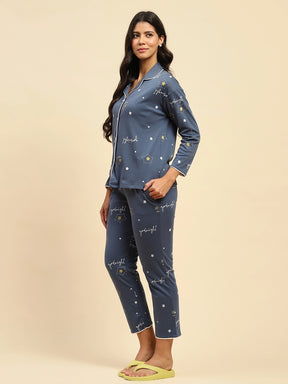 Dark Blue Star Print Cotton Blend Relaxed Fit Night Suit