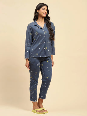 Dark Blue Star Print Cotton Blend Relaxed Fit Night Suit