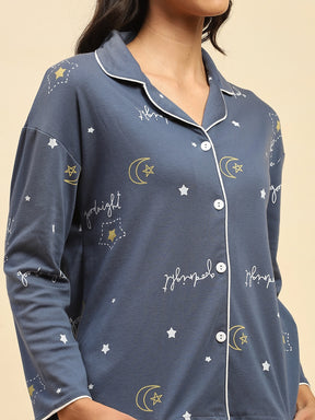 Dark Blue Star Print Cotton Blend Relaxed Fit Night Suit