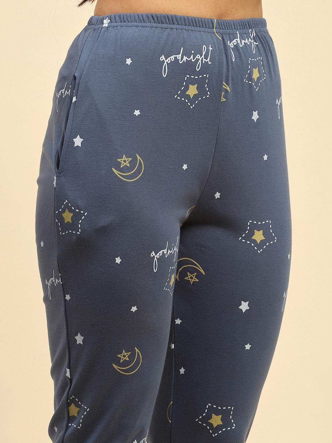 Dark Blue Star Print Cotton Blend Relaxed Fit Night Suit