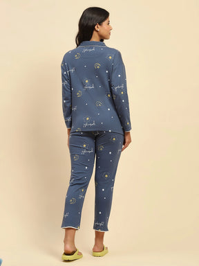 Dark Blue Star Print Cotton Blend Relaxed Fit Night Suit