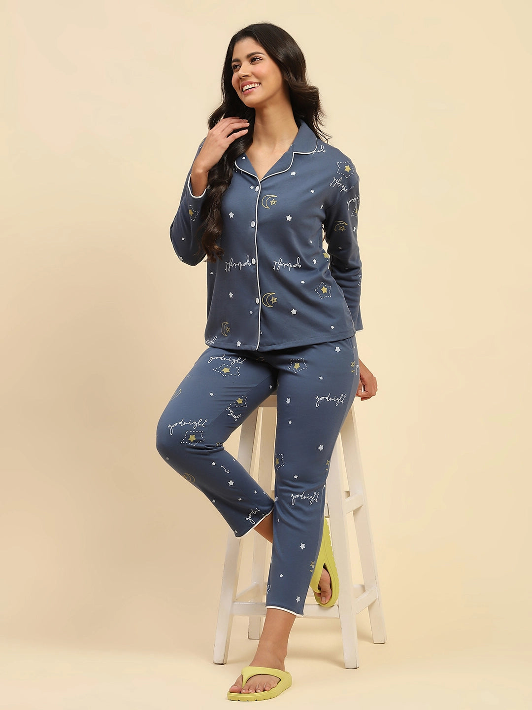 Dark Blue Star Print Cotton Blend Relaxed Fit Night Suit