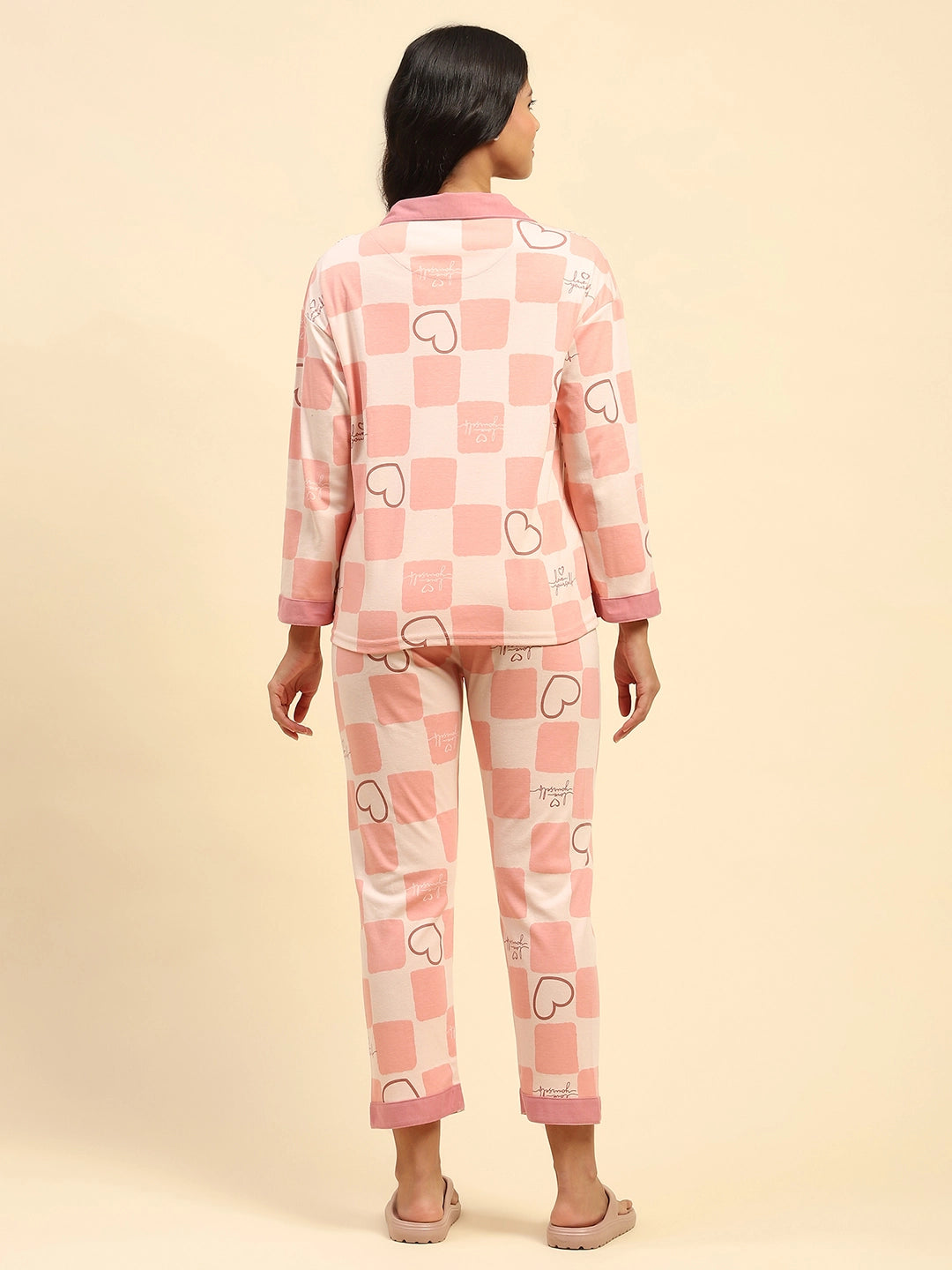 Light Pink Printed Cotton Blend Relaxed Fit Night Suit