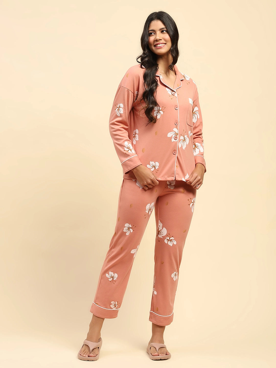 Orange Floral Cotton Blend Relaxed Fit Night Suit