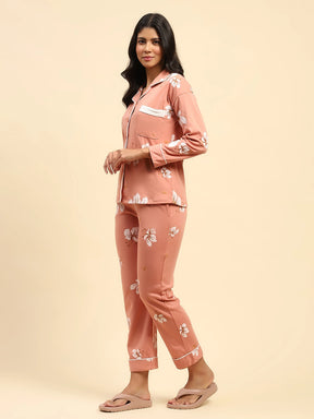 Orange Floral Cotton Blend Relaxed Fit Night Suit