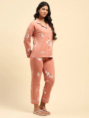 Orange Floral Cotton Blend Relaxed Fit Night Suit