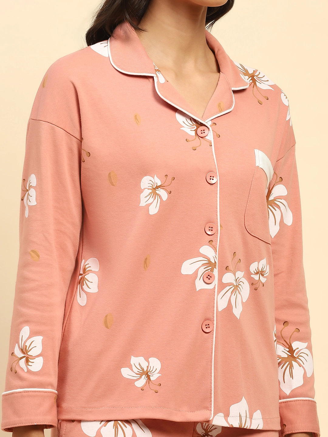 Orange Floral Cotton Blend Relaxed Fit Night Suit