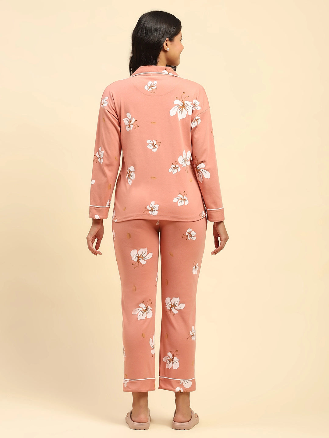 Orange Floral Cotton Blend Relaxed Fit Night Suit