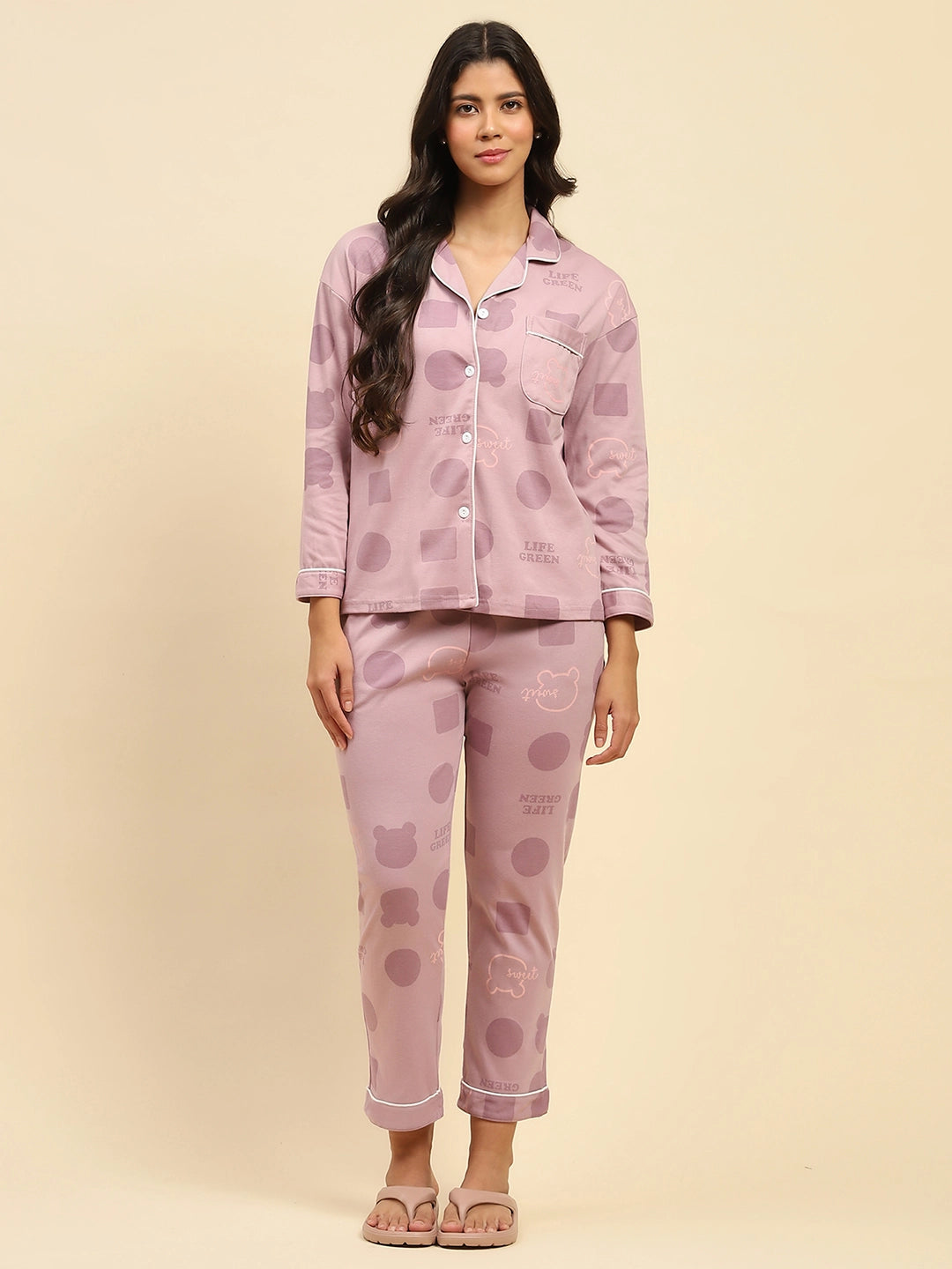 Purple Graphic Print Cotton Blend Relaxed Fit Night Suit