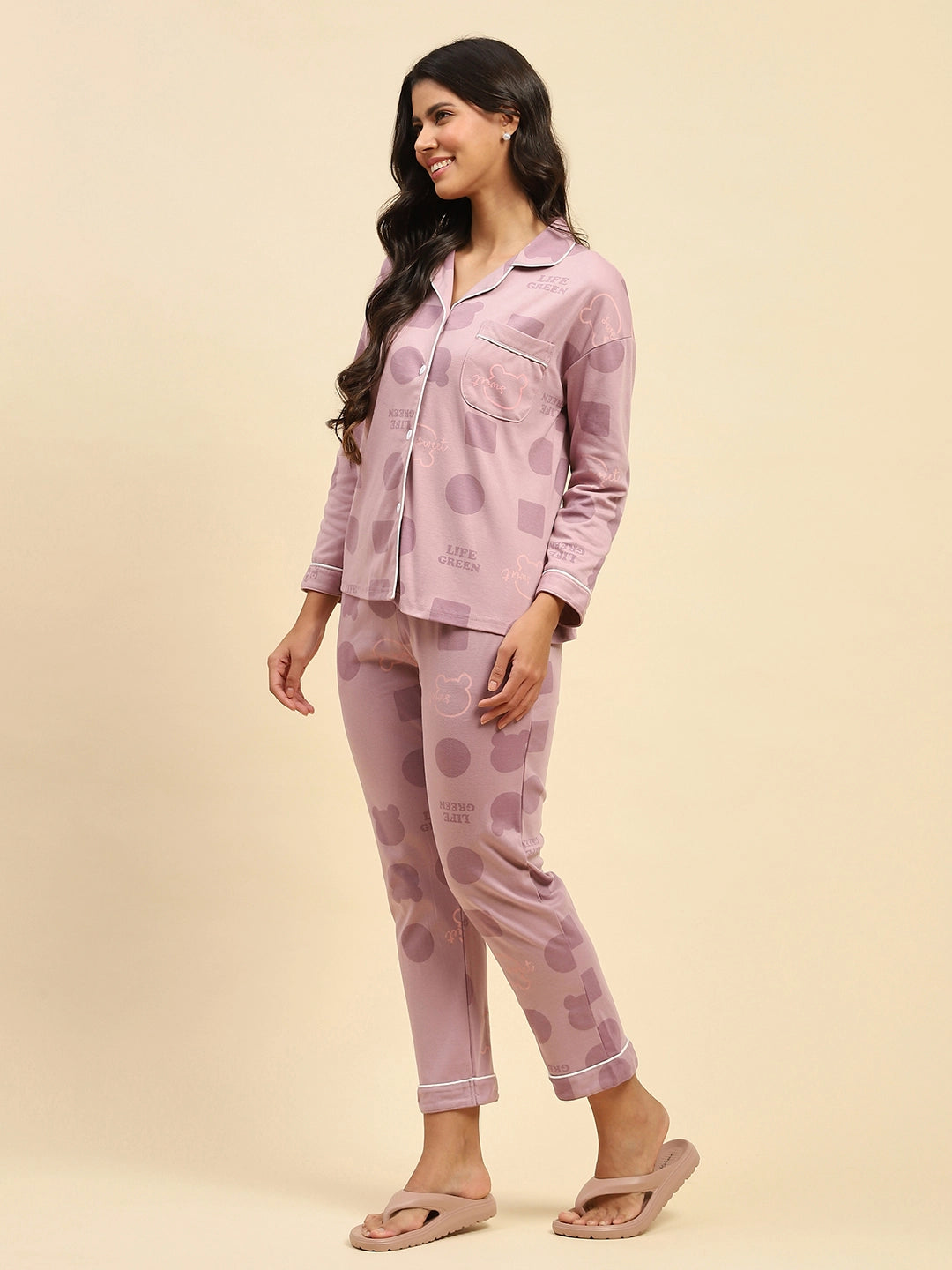 Purple Graphic Print Cotton Blend Relaxed Fit Night Suit