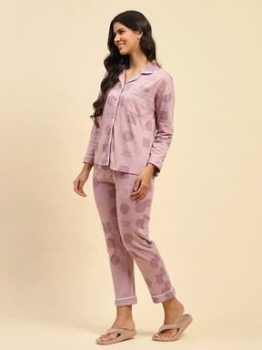 Purple Graphic Print Cotton Blend Relaxed Fit Night Suit