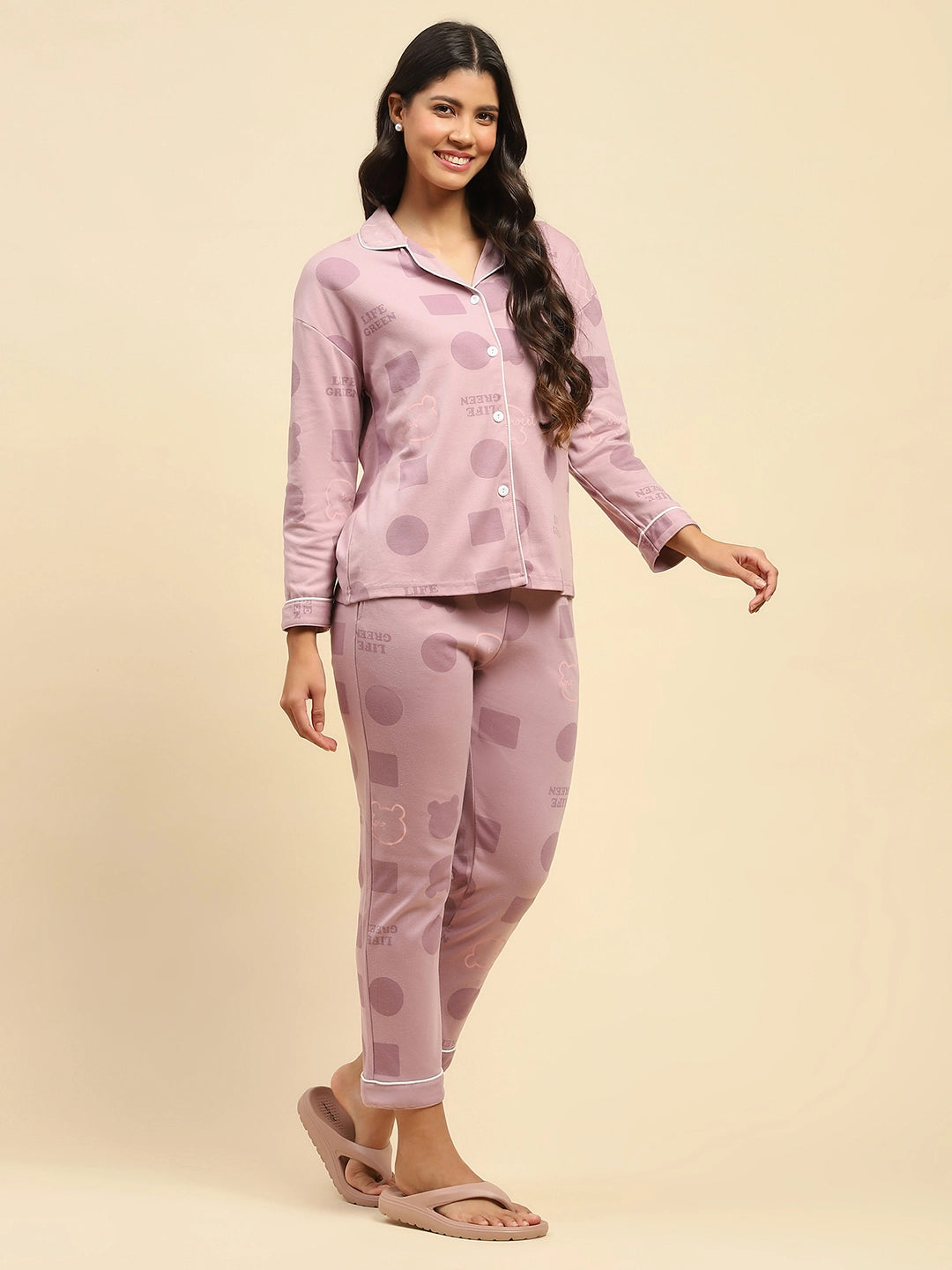 Purple Graphic Print Cotton Blend Relaxed Fit Night Suit