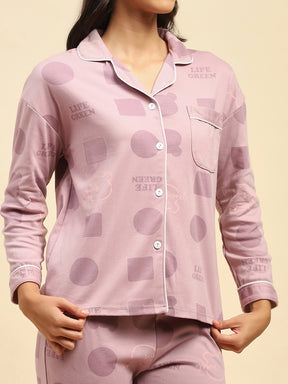 Purple Graphic Print Cotton Blend Relaxed Fit Night Suit