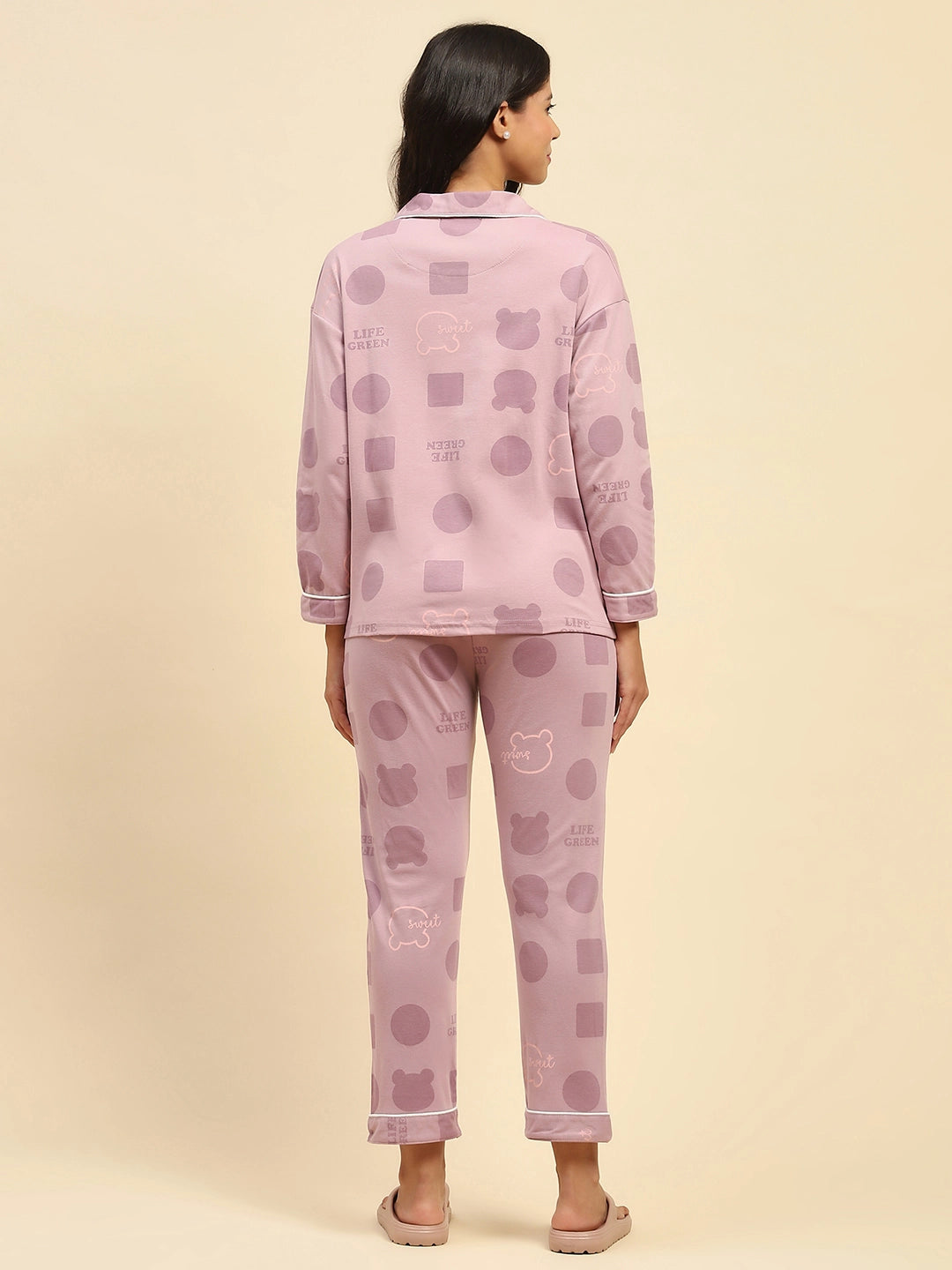 Purple Graphic Print Cotton Blend Relaxed Fit Night Suit