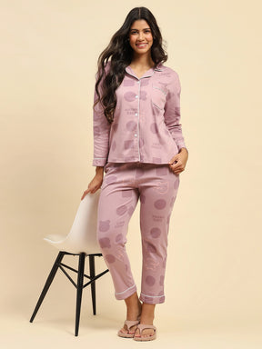 Purple Graphic Print Cotton Blend Relaxed Fit Night Suit