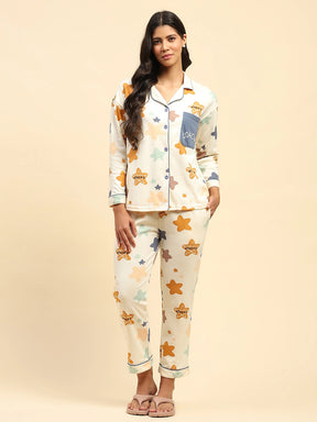 Cream Star Print Cotton Blend Relaxed Fit Night Suit