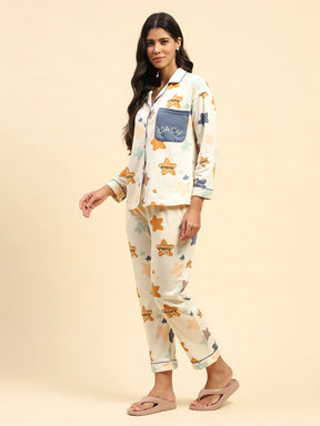 Cream Star Print Cotton Blend Relaxed Fit Night Suit