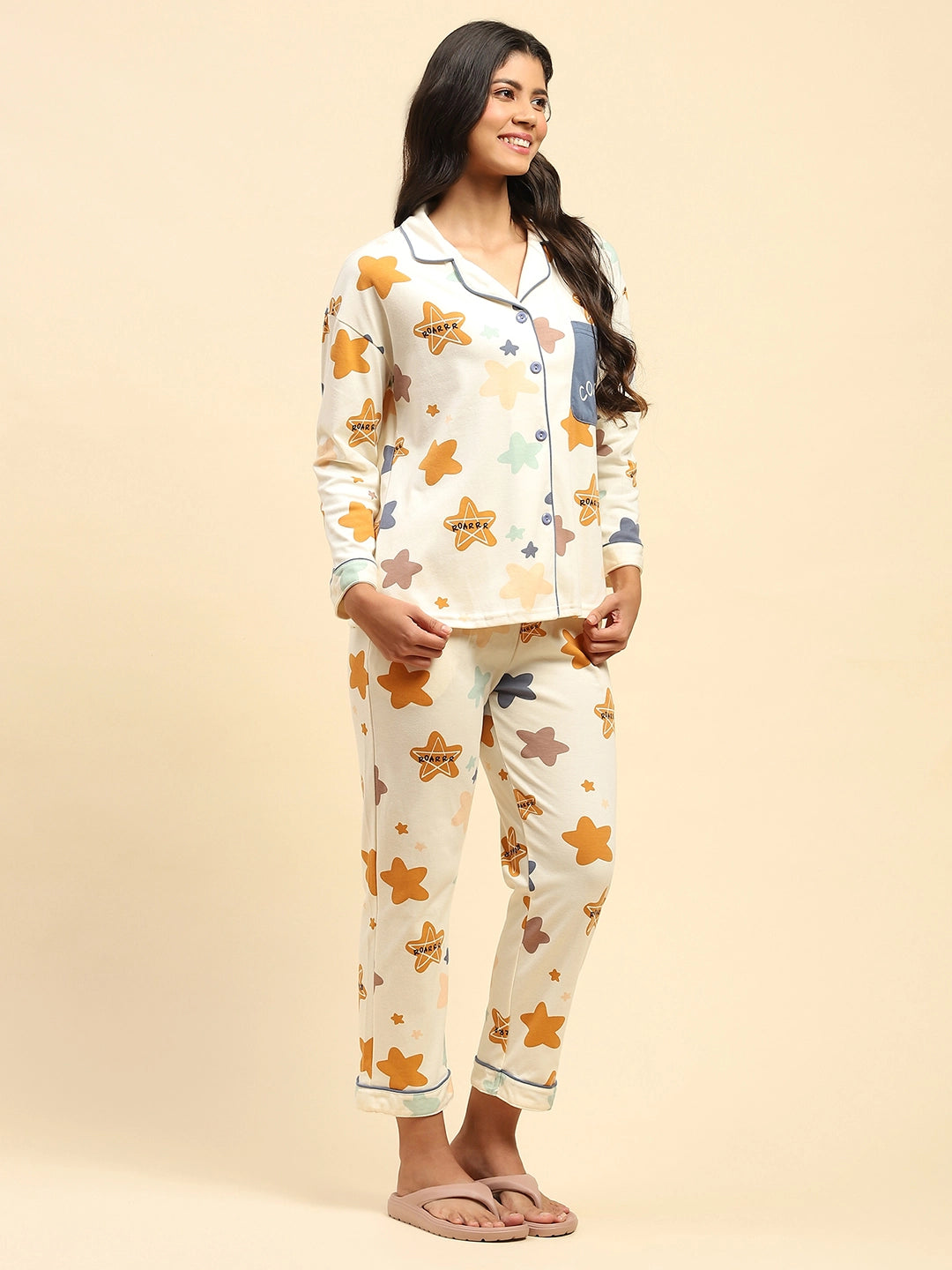 Cream Star Print Cotton Blend Relaxed Fit Night Suit