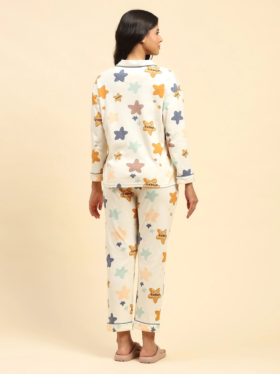 Cream Star Print Cotton Blend Relaxed Fit Night Suit