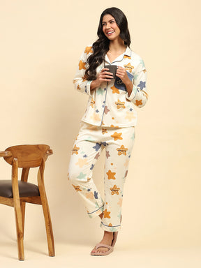 Cream Star Print Cotton Blend Relaxed Fit Night Suit