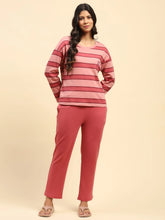 Dark Pink Striped Cotton Relaxed Fit Night Suit