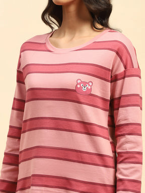 Dark Pink Striped Cotton Relaxed Fit Night Suit