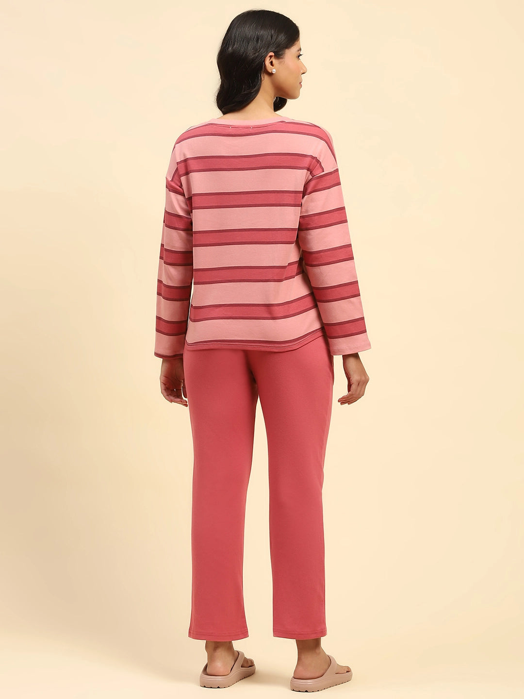 Dark Pink Striped Cotton Relaxed Fit Night Suit