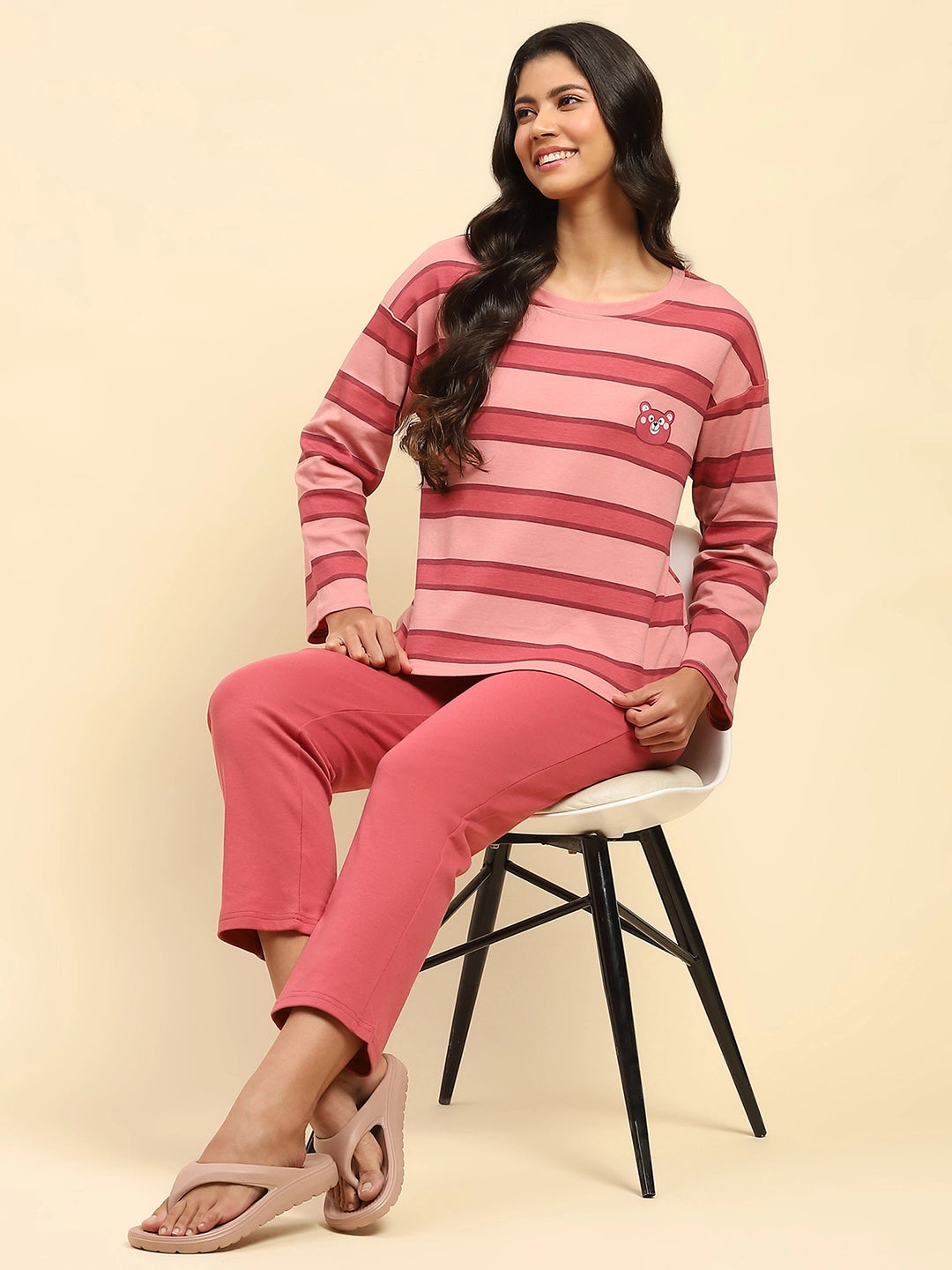 Dark Pink Striped Cotton Relaxed Fit Night Suit