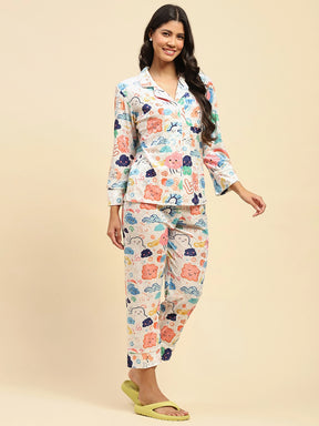 Multicolour Abstract Poly Blend Relaxed Fit Night Suit